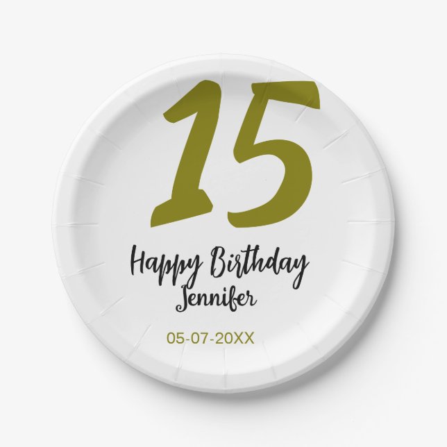 15. Geburtstag quiencenera fügen Datum Jahr golden Pappteller (Vorderseite)