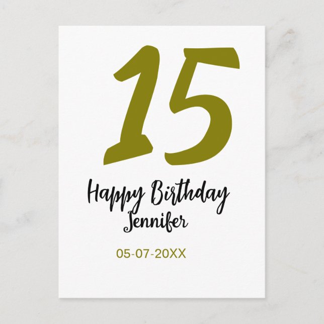 15. Geburtstag quiencenera fügen Datum Jahr golden Postkarte (Vorderseite)