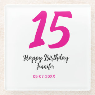 15. Geburtstag quiencenera fügen Datum Jahr rosa T Glasuntersetzer