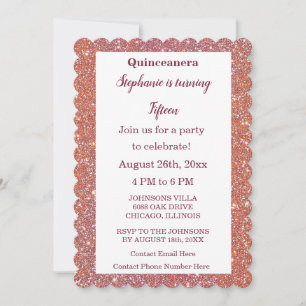 15. Geburtstag Quinceanera Orange Pink Rose Glitze Einladung