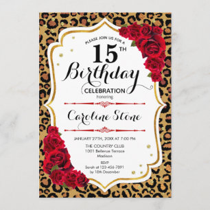 15. Geburtstag - Red Gold Leopard Print Einladung