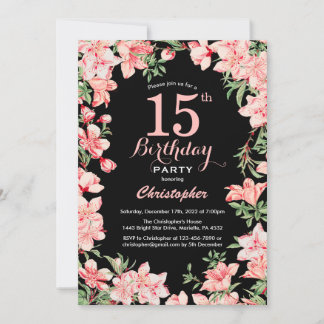 15. Geburtstag Rosa Blume Schwarzer Hintergrund Einladung