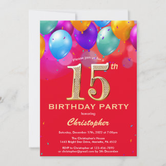 15. Geburtstag Rot und Gold farbige Ballons Einladung
