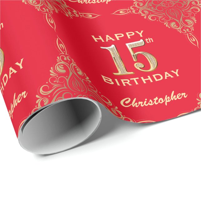 15. Geburtstag Rot und Gold Glitzer Rahmen Geschenkpapier (Rolleneckpunkt)