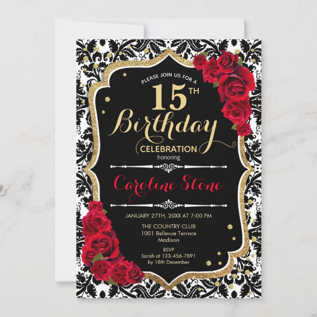 15. Geburtstag - Rote Rosen Gold Black Damask Einladung (Vorderseite)