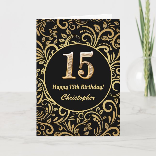 15. Geburtstag Schwarz und Gold Floral Muster Karte (Vorderseite)