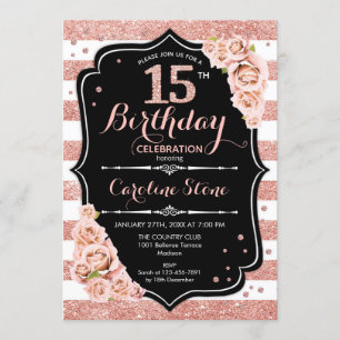15. Geburtstag Schwarze Rose Gold und Weiße Streif Einladung