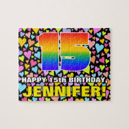 15. Geburtstag — Spaß, Liebende Herzformen + "15" Puzzle