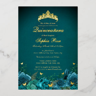 15. Geburtstag Teal Floral Schmetterling Quinceane Folieneinladung