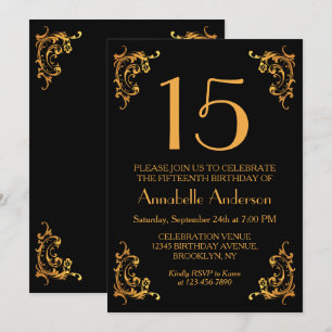 15. Geburtstags-elegantes Goldschwarzes Vintages Einladung