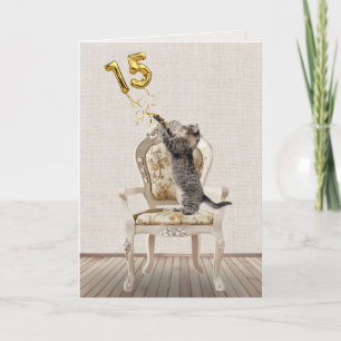 15. Geburtstagsballons und getigerte Katze Karte