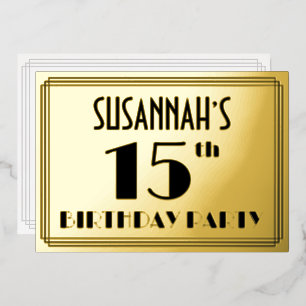 15. Geburtstagsfeier — Art Deco-Look „15“ + Name Folieneinladung
