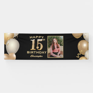 15. Geburtstagsparty Black and Gold Balloons Foto Banner