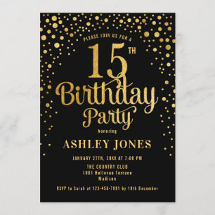 15. Geburtstagsparty - Black & Gold Einladung