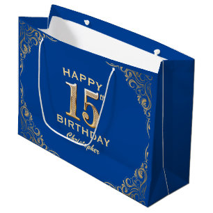 15. Geburtstagsparty Blue and Gold Glitzer Frame Große Geschenktüte