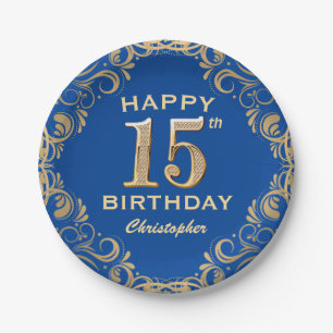 15. Geburtstagsparty Blue and Gold Glitzer Frame Pappteller
