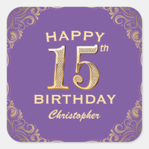 15. Geburtstagsparty Lila und Gold Glitzer Frame Quadratischer Aufkleber