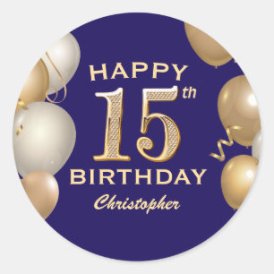 15. Geburtstagsparty Navy Blue und Gold Ballons Runder Aufkleber