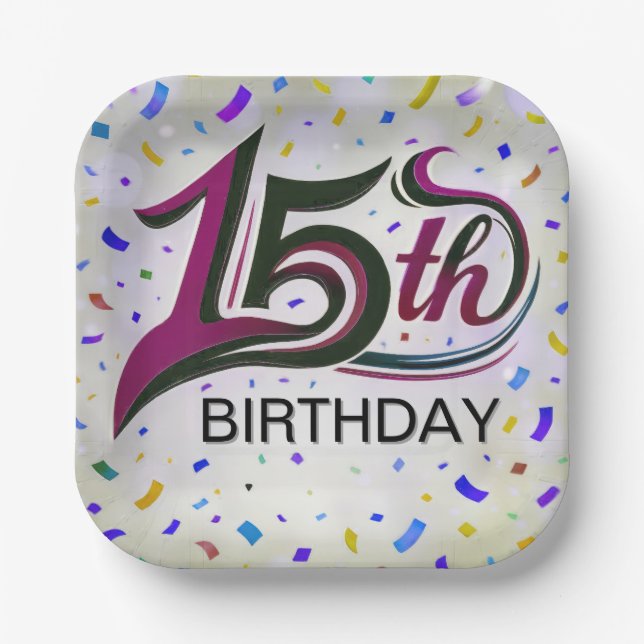 15. Geburtstagstext mit Party Confetti Pappteller (Vorderseite)