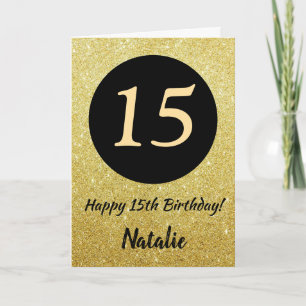 15. Happy Birthday Black and Gold Glitzer Card Karte