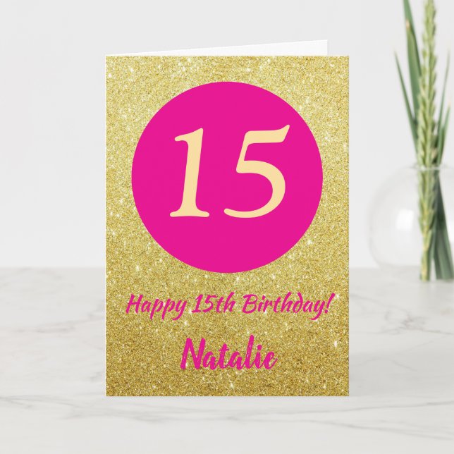 15. Happy Birthday Hot Pink und Gold Glitzer Karte (Vorderseite)