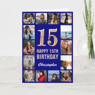 15. Happy Birthday Navy Blue & Gold Foto Collage Karte