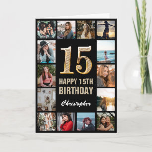 15. Happy Geburtstag Schwarz und Gold Foto Collage Karte