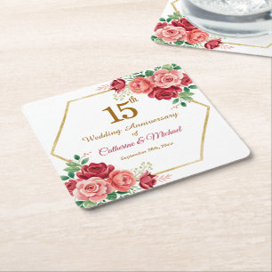 15. Hochzeitsjubiläum Goldrahmen Floral Rechteckiger Pappuntersetzer