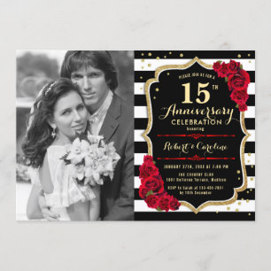 15. Jubiläum mit Foto - Gold Black Red Einladung
