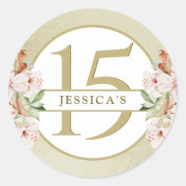 15. (oder andere) Geburtstag, Champagner Gold Flor Runder Aufkleber