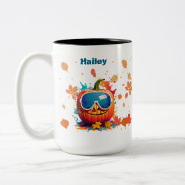 15 oz Fall Coffee Mug, Cool pumpkin with goggles Zweifarbige Tasse