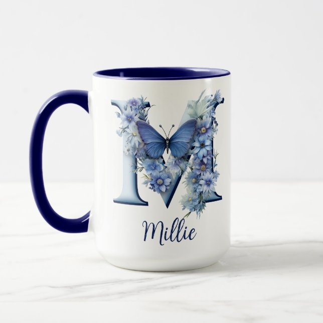 15 oz Floral Blue Mit Monogramm Coffee Tasse (Links)