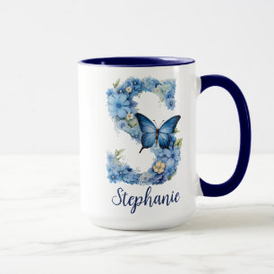 15 oz Floral Blue Mit Monogramm Coffee Tasse