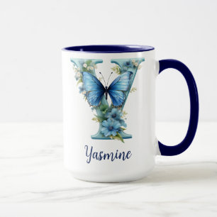15 oz Florale blaue monogrammierte Kaffeetasse
