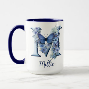 15 oz Florales Blaues Monogramm-Kaffeetasse Tasse