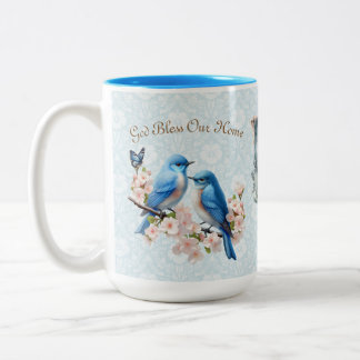 15 oz God Bless Our Zuhause Bluebird Floral Damask Zweifarbige Tasse