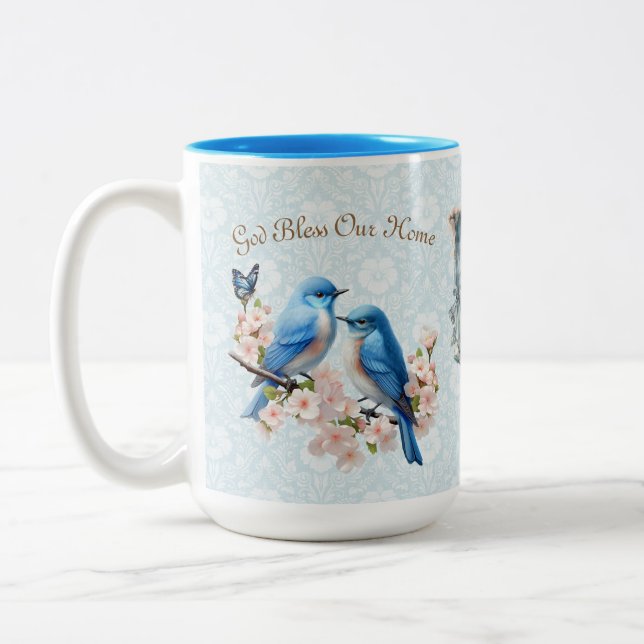 15 oz God Bless Our Zuhause Bluebird Floral Damask Zweifarbige Tasse (Links)