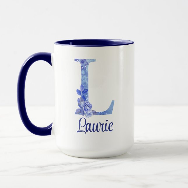 15 oz Mit Monogramm Aquarellfarben-Blues und Blume Tasse (Links)