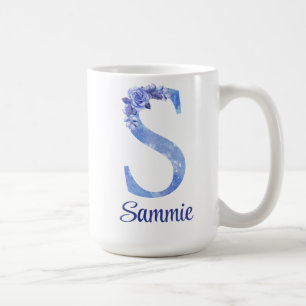 15 oz monogrammiertes Wasserfarben-Blau und Floral Kaffeetasse