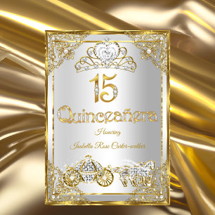 15. Pearl Gold Weiße Quinceanera-Tiara Kutsche Einladung