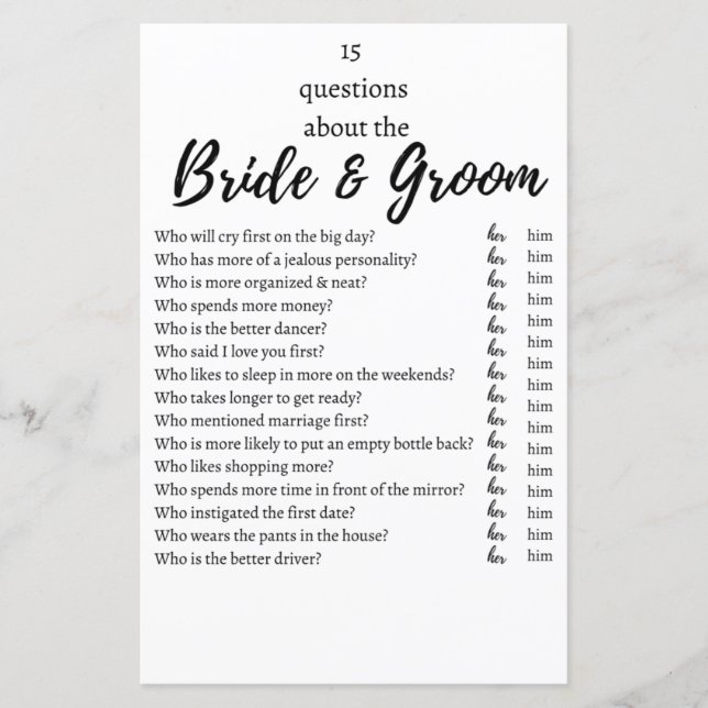 15 Questions About the Bride & Groom Wedding Game  (Vorderseite)