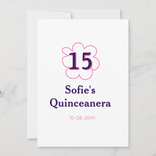 15. Quinceanera Happy Geburtstag rosa lila Datum Einladung (Vorderseite)