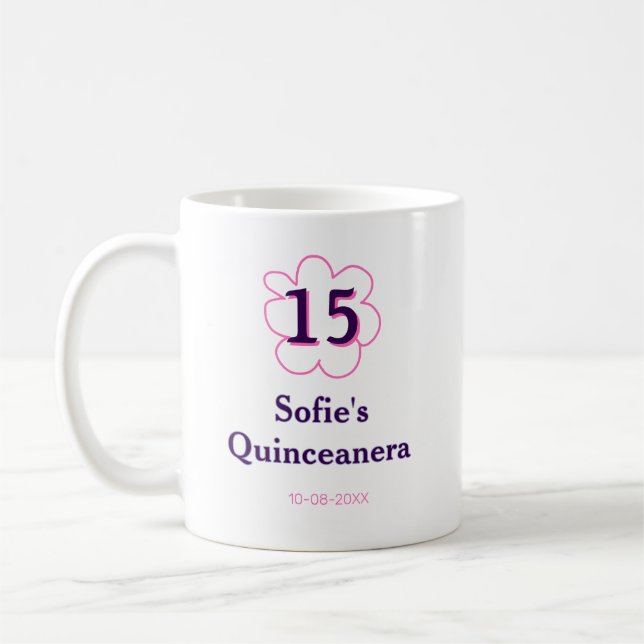 15. Quinceanera Happy Geburtstag rosa lila Datum Kaffeetasse (Links)