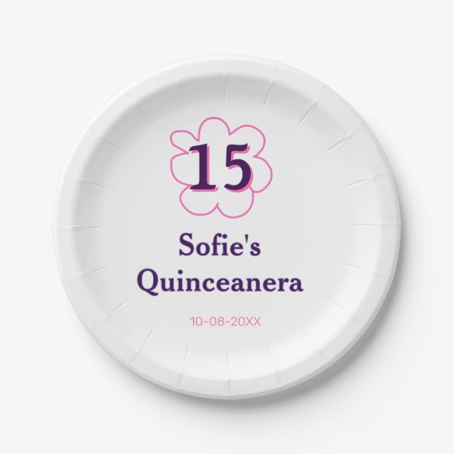 15. Quinceanera Happy Geburtstag rosa lila Datum Pappteller (Vorderseite)