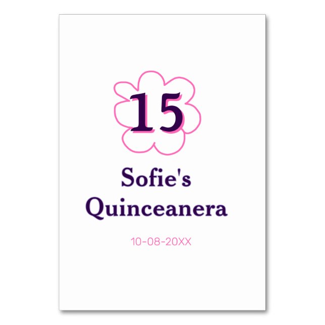15. Quinceanera Happy Geburtstag rosa lila Datum Tischnummer (Vorderseite)