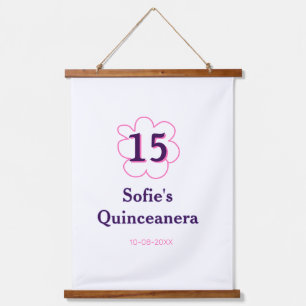 15. Quinceanera Happy Geburtstag rosa lila Datum Wandteppich Mit Holzrahmen