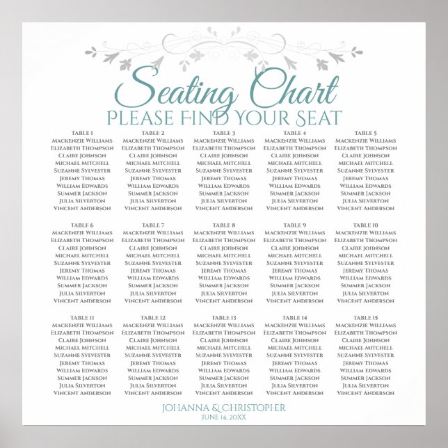 15 Tabelle Aquamarin & grau Hochzeitstabelle Poster (Vorne)