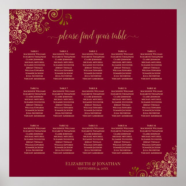 15 Tabelle Burgundy & Gold Hochzeitskarte Poster (Vorne)