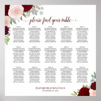 15 Tabelle Burgundy Red & Pink Roses Seating Chart