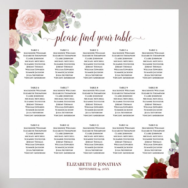 15 Tabelle Burgundy Red & Pink Roses Seating Chart Poster (Vorne)